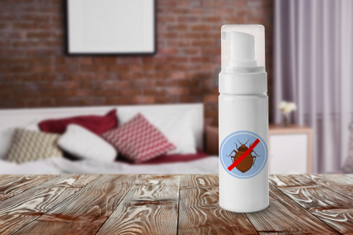 Anti Bed Bug can on wooden surface with Home Interior in background