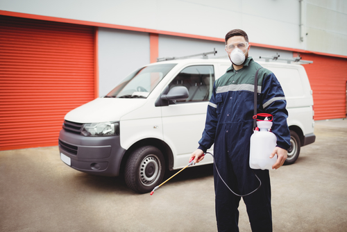Pest exterminator standing in front of white van